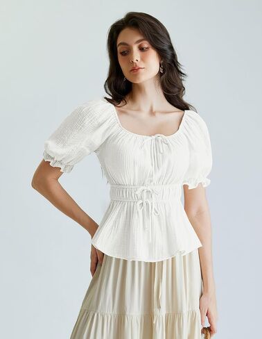 Scarlet Darkness Women Tie Front Tops Renaissance Puff Sleeve Blouse Peasant Peplum Shirts in Saudi Arabia