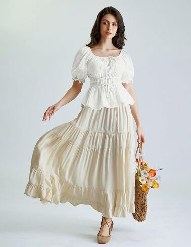 Scarlet Darkness Women Tie Front Tops Renaissance Puff Sleeve Blouse Peasant Peplum Shirts in Saudi Arabia