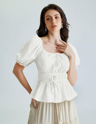 Scarlet Darkness Women Tie Front Tops Renaissance Puff Sleeve Blouse Peasant Peplum Shirts in Saudi Arabia