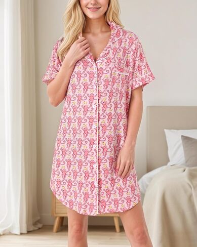 Cute Nightgown for Women Button Down Sleepshirt Comfy V Neck Short Sleeve Boyfriend Nightdress Pjs for Jammies Party in Saudi Arabia