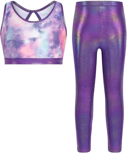 JiAmy Girls Workout Set Cut-Out Back Two Piece Sparkly Activewear Sets Sleeveless Crop Tank Tops Yoga Leggings for Kids in Saudi Arabia