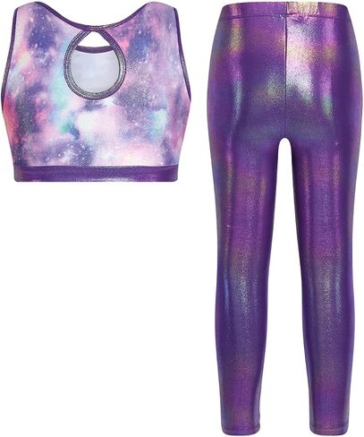 JiAmy Girls Workout Set Cut-Out Back Two Piece Sparkly Activewear Sets Sleeveless Crop Tank Tops Yoga Leggings for Kids in Saudi Arabia