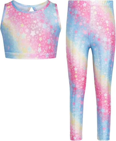 JiAmy Girls Workout Set Cut-Out Back Two Piece Sparkly Activewear Sets Sleeveless Crop Tank Tops Yoga Leggings for Kids in Saudi Arabia