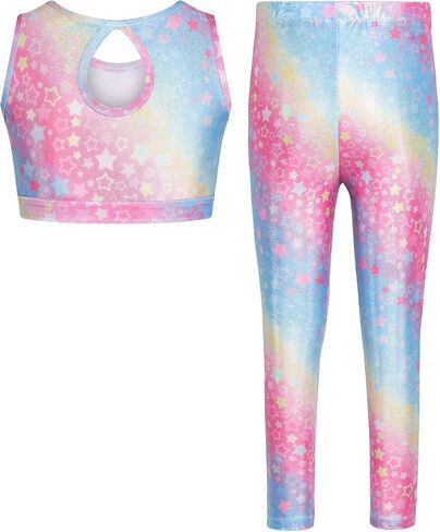 JiAmy Girls Workout Set Cut-Out Back Two Piece Sparkly Activewear Sets Sleeveless Crop Tank Tops Yoga Leggings for Kids in Saudi Arabia