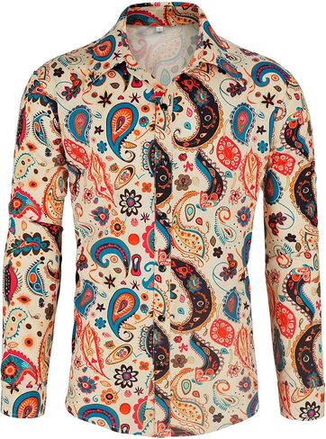 Men's 70s Disco Shirt Paisley 1970s Casual top Retro Floral Long Sleeved Button up Vintage Party Costumes Shirt in Kuwait