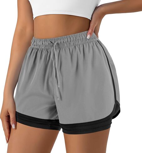 Women's 2 in 1 Running Shorts for Gym Yoga Workout Athletic Shorts High-Waisted Shorts with Liner Pockets in Kuwait