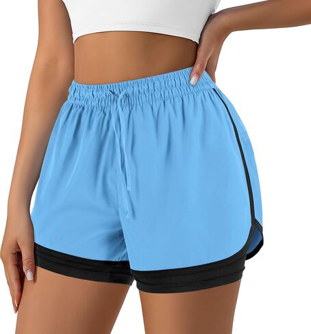 Women's 2 in 1 Running Shorts for Gym Yoga Workout Athletic Shorts High-Waisted Shorts with Liner Pockets in Kuwait
