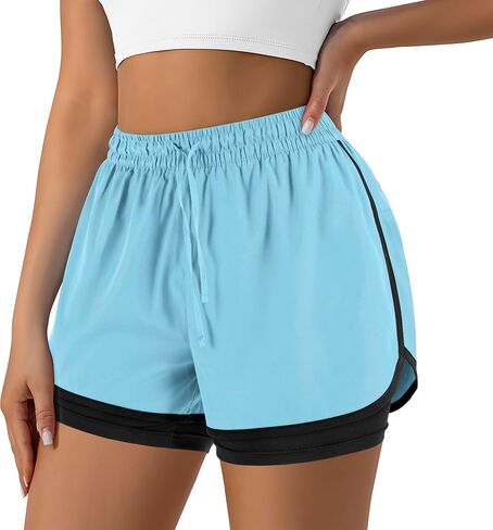 Women's 2 in 1 Running Shorts for Gym Yoga Workout Athletic Shorts High-Waisted Shorts with Liner Pockets in Kuwait