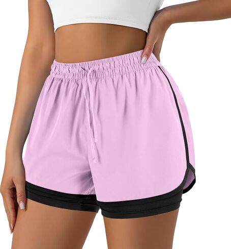 Women's 2 in 1 Running Shorts for Gym Yoga Workout Athletic Shorts High-Waisted Shorts with Liner Pockets in Kuwait