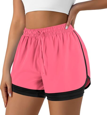 Women's 2 in 1 Running Shorts for Gym Yoga Workout Athletic Shorts High-Waisted Shorts with Liner Pockets in Kuwait