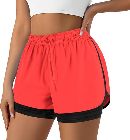 Women's 2 in 1 Running Shorts for Gym Yoga Workout Athletic Shorts High-Waisted Shorts with Liner Pockets in Kuwait