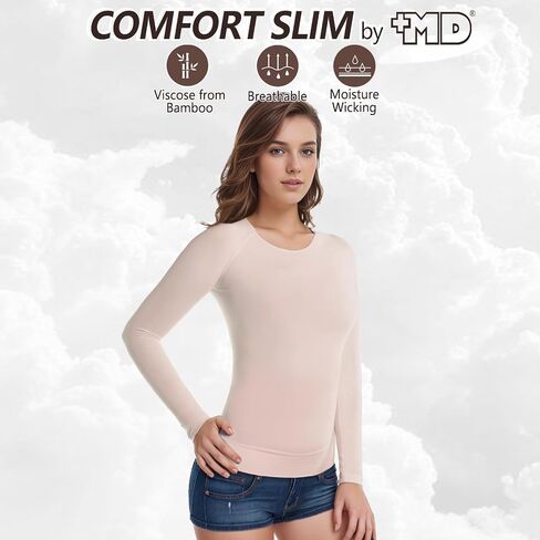 +MD Womens Long Sleeve Lundershirtts Tops ، Bamboo Round Neck Slim Fit Baselayer ، ملابس داخلية حرارية ناعمة ، ضغط خفيف in Kuwait