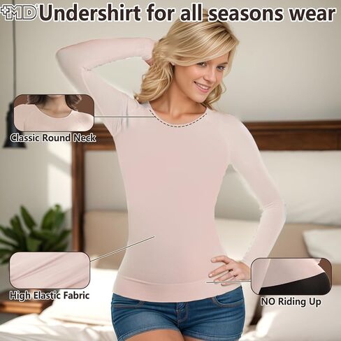 +MD Womens Long Sleeve Lundershirtts Tops ، Bamboo Round Neck Slim Fit Baselayer ، ملابس داخلية حرارية ناعمة ، ضغط خفيف in Kuwait