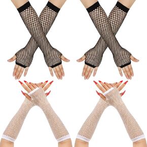 4 Pairs Fishnet Long Gloves Fingerless Mesh Fishnet Arm Sleeves, 80s Party Cosplay Costume Scene Accessories for Christmas, Halloween Costume Parties for Women and Girls(Black and White)