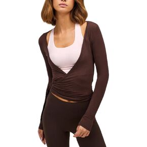 Women Ballet Wrap Top Yoga Pilates Wrap Shirt Long Sleeve Slim Fit Workout Dance Top Front Tie Strap Strechy Ballerina Blouse