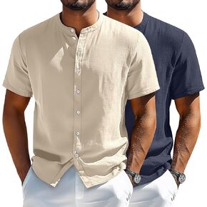 2 Pack Men's Short Sleeve Linen Shirts, Button Down Cotton Beach Vacation Casual Summer Tees