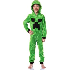Minecraft Kids Fleece Creeper Hooded Union Suit Zip-Front Footless Sleeper Pajama