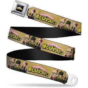 My Hero Academia Belt, Seatbelt Buckle Belt, My Hero Academia Character Trio Pose and Title Logo Tan, Adjustable