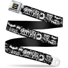 DC Comics Belt, Seatbelt Buckle Belt, Batman Gotham City Graffiti Collage Black White, Adjustable