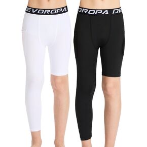 DEVOROPA Youth Boys One Leg Compression Pants for Basketball 3/4 Leggings Sports Tights Athletic Soccer Baselayer Pockets in Kuwait