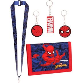 Marvel Spiderman Boys Wallet 3 PC -keychain and Lanyard Set - Canvas Woolts with Hospized Coin Holder and Card Slots.