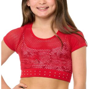 Girls Short Sleeve Mesh Crop Top with Sparkling Rhinestones - Breathable Dance Style Mesh Top for Girls Age 7-14