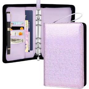 Toplive A6 BINDER مع ZIPPER ، 6 حلقة قابلة لإعادة التعبئة غطاء الموثق لنظام الميزانية A6 النقدية ، PU LEATHER Personal Wallet Binder ، Glitter Purple