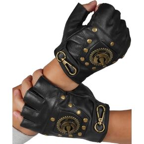 قفازات مرصعة من جلد Steampunk مع تفاصيل العتاد ، أسود