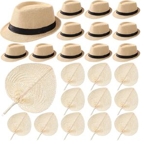 12 Sets Havana Night Party Decorations 12 Pcs Cuban Hats for Men and 12 Pcs Natural Raffia Hand Fans Centerpieces for Havana Night Birthday Wedding Celebration Accessories