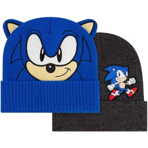 Sonic The Hedgehog 2-Piece Beanie Set, Sonic Face with Ears and Logo Design, Grey/Blue, One Size