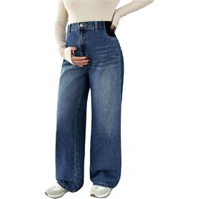 MakeMeChic Women's Maternity Denim Pants Over The Belly Wide Leg Straight Pregnancy Jeans