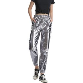 SIAEAMRG Womens Shiny Metallic High Waist Stretchy Jogger Pants, Wet Look Hip Hop Club Wear Holographic Trousers Sweatpant