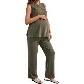 OYOANGLE Women's Maternity 2 Piece Outfits Knit Side Split Tank Top and Pants Pregnancy Lounge Set