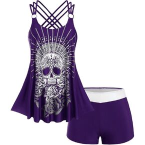 Rosegal Womens Plus Size Modest Skull Rose Print Rings Crisscross Boyshorts Tankini Swimsuit Set