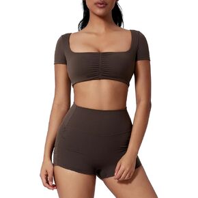 Women's Yoga Set 2 Piece Short Sleeve Wrinkled Sports Bra and High Waisted Yoga Leggings Shorts Gym Workout Outfits