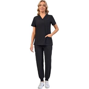 فرك السذاجة للنساء v-neck scrub top & jogger pants medical onform suits مع 9 جيوب