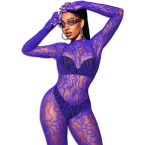 Women Sexy Fishnet Full Bodysuit, Mesh Lace Poster Jumpsuit Glow Party Rave Outfits, Body Stockings Halloween Costume