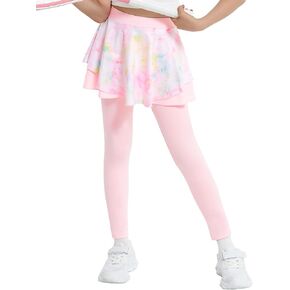 JiAmy 2 in 1 Girls Leggings with Skirt High Waisted Tennis Athletic Flowy Skort Legging for Kids