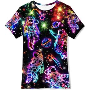 5-12T Boys Neon Astronaut Shirts Kids 3D Graphic Space T-Shirts Short Sleeve Tees Tops