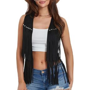 النساء Fringe Vest 70s أزياء الهبي بلا أكمام المسامير الشراكيل المفتوحة فوهة فولكس من جلد الغزال