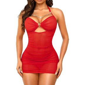 RSLOVE LINGERIE MESH Babydoll Dress - Chemise Liegown مع تفاصيل العنق والسلسلة القابلة للتعديل