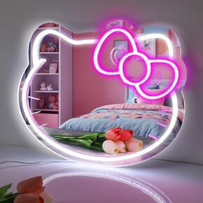 Hello Kitty Ganity Mirror مع علامة النيون 14 × 11.8 بوصة ، حجم كبير ، Hello Kitty LED Mirror سطوع قابلة للتعديل USB ، القوس الوردي ، مرآة غرفة الفتاة ، مرآة الجدار ، مرآة مكياج النساء