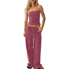 Panadila Womens Striped Two Piece Sets Summer Lounge Outfits Sailor Tube Top and Pants Matching Set Beach Vacation Travel Y2k