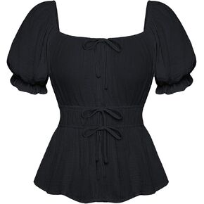 Scarlet Darkness Women Tie Front Tops Renaissance Puff Sleeve Blouse Peasant Peplum Shirts in Kuwait
