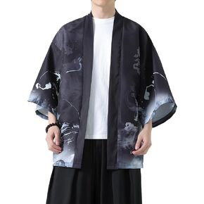 PRIJOUHE Men's Kimono Cardigan Jacket Japanese Style Flying Crane Seven Sleeves Open Front Coat