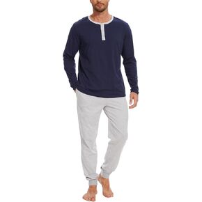 Men's Pajama Set with Henley Neckline 100% Cotton Soft and Comfortable Nightwear 2-Piece Lounge Set