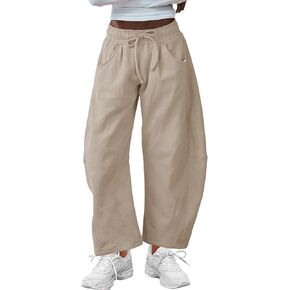 SeekMe Women's Barrel Leg Sweatpant Drawstring Elastic Waisted Wide Leg Pants Casual Cotton Palazzo Trousers with Pockets