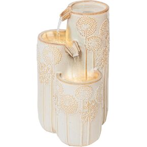 25 in H Freestanding Cascadian Outdoor Garden Fountain w/Flower Details & Warm LED Lights, Ceramic, Beige