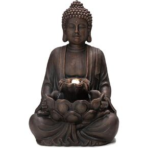 Glitzhome Zen Style تأمل بوذا تم تمثال النافورة بوليريسين ديكور في الهواء الطلق مع المضخة وضوء LED ، 23.25 "