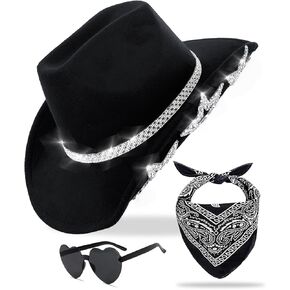 Cowboy Hat for Women Men 6 Sparkly Stars Brim & Rhinestone Belt Western Cowgirl Hat with Sunglasses Bandanas